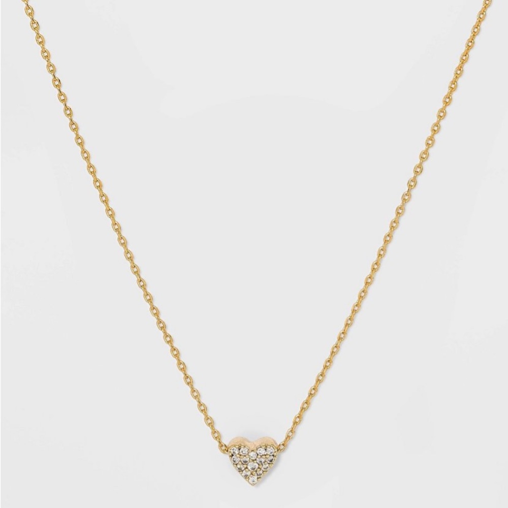 Sterling Silver Gold Dipped Cubic Zirconia Heart Chain Necklace NWT - Picture 2 of 8
